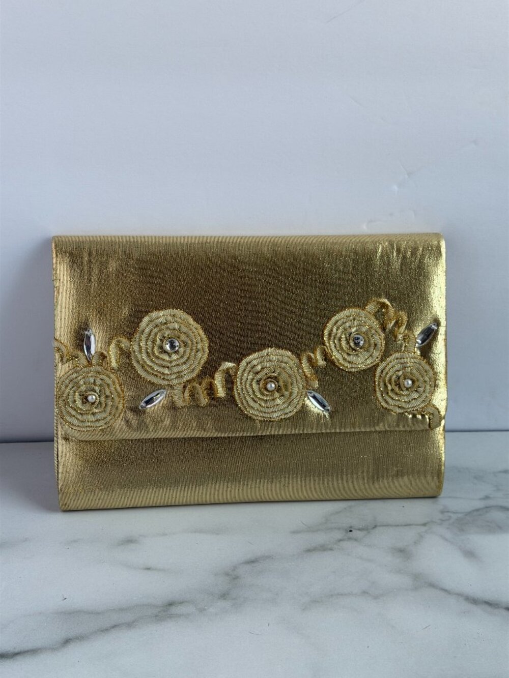 Vintage I. Magnin Gold Metallic Corded Rhinestone Evening Clutch